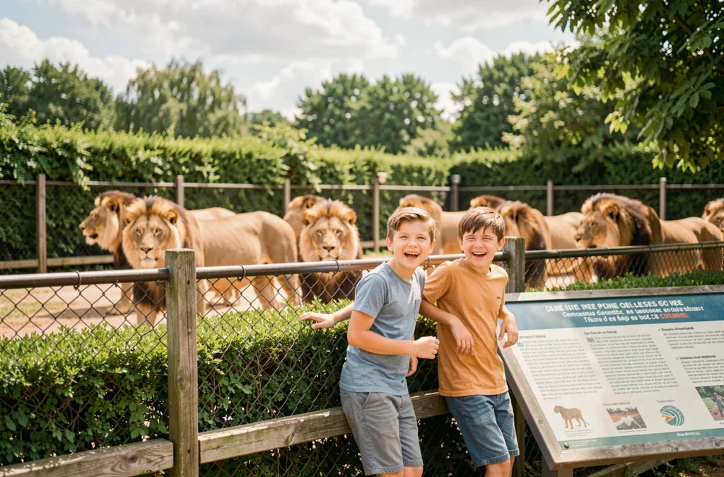 Deux enfants observant des lions dans le parc animalier du PAL en Auvergne