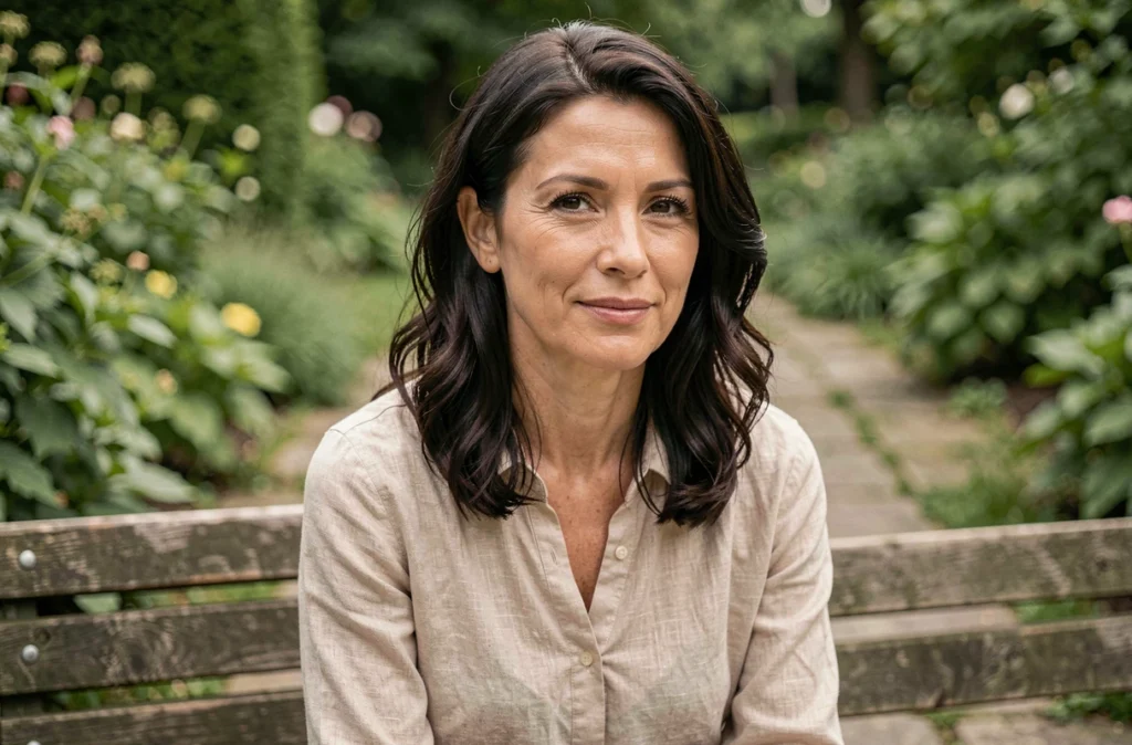 Femme élégante aux cheveux bruns dans un jardin public parisien portrait naturel