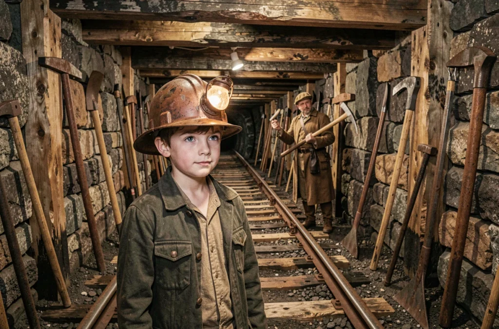 Enfant en tenue de mineur visitant le musée de la Maison du Mineur à La Grand-Combe