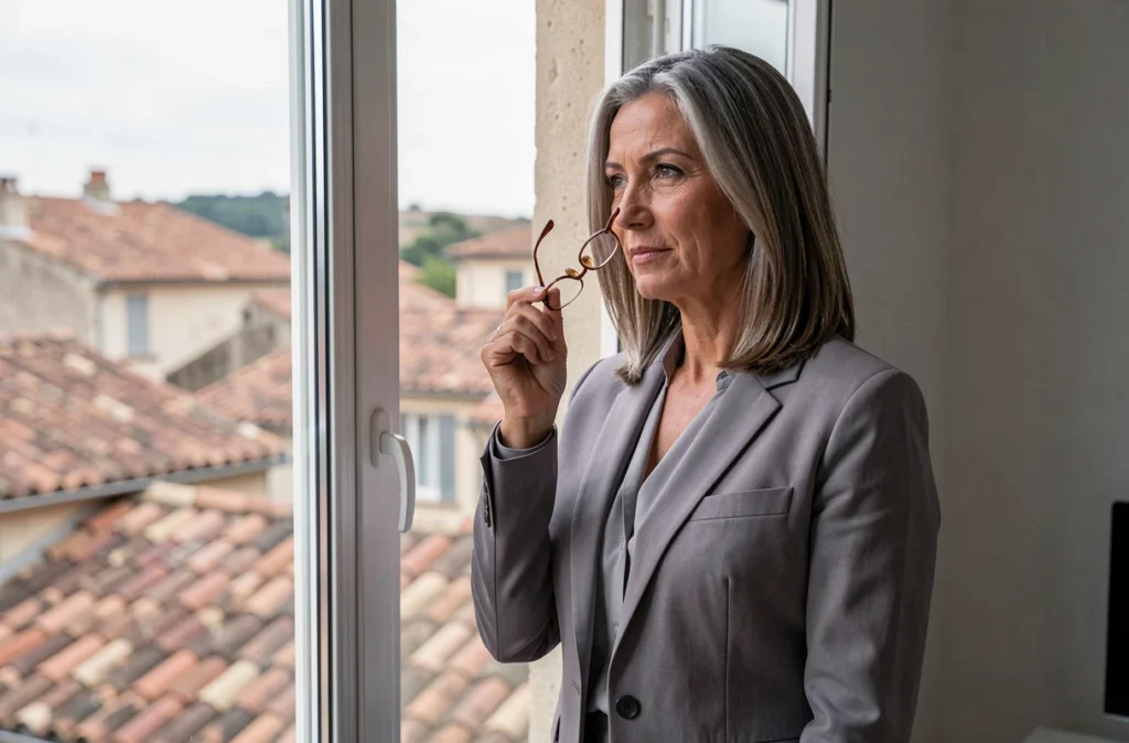 Maître Agnès Reveillon, avocate au barreau de Draguignan, près d'une fenêtre avec vue sur les toits provençaux