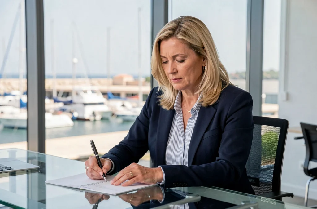 Maître Emilie Comyn, avocate au barreau de Toulon, à son bureau en verre avec vue sur le port de Toulon en arrière-plan
