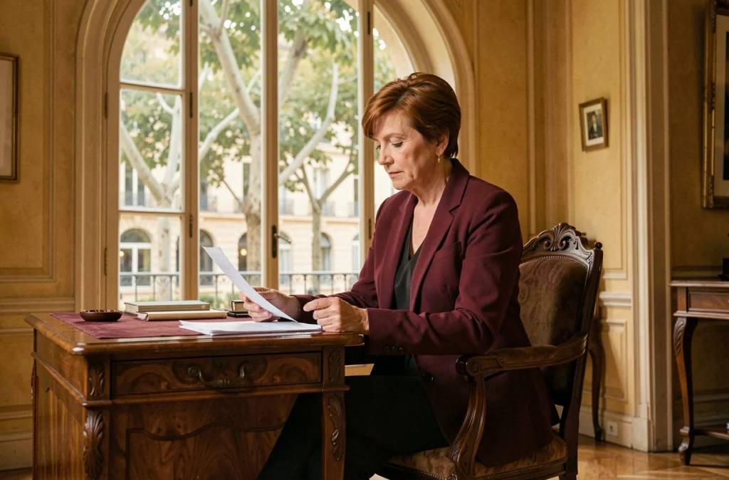 Maître Evelyne Marchi, avocate au barreau d'Aix-en-Provence, assise à son bureau ancien devant des fenêtres en arche donnant sur le Cours Mirabeau