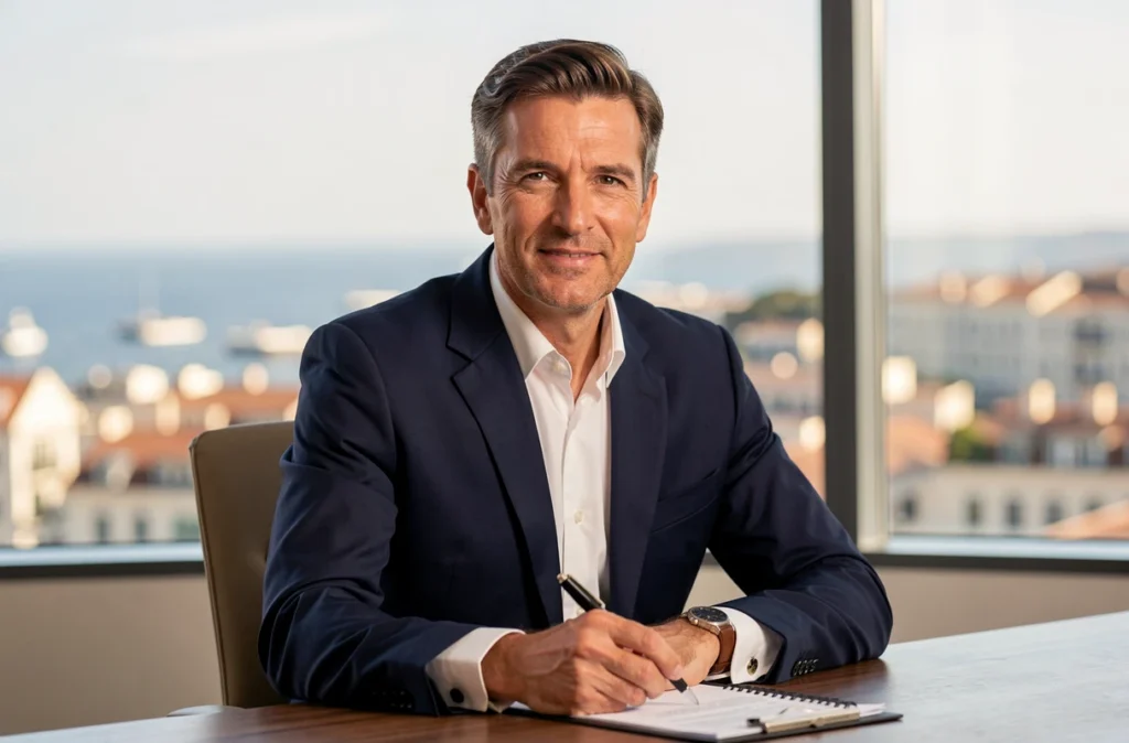 Maître Gregory Damy, avocat au barreau de Nice, en costume marine dans son cabinet avec vue sur la baie