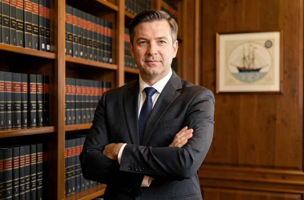 Maître Guillaume Tatoueix, avocat au barreau de Toulon, devant une bibliothèque juridique dans un cabinet au boiserie traditionnelle