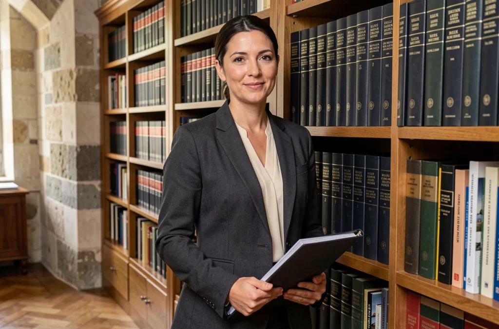 Maître Léna Denicourt, avocate au barreau de Marseille, debout devant une bibliothèque juridique dans son cabinet au décor en pierre