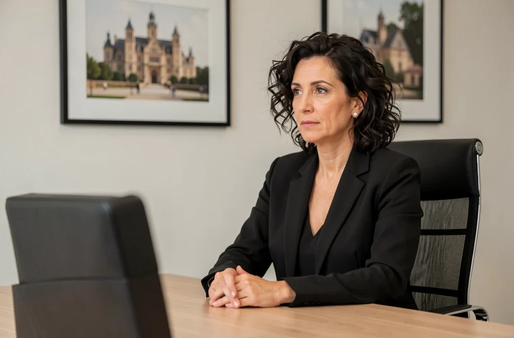 Maître Myriam Touzani, avocate au barreau d'Avignon, en consultation dans son cabinet avec une représentation du Palais des Papes en arrière-plan