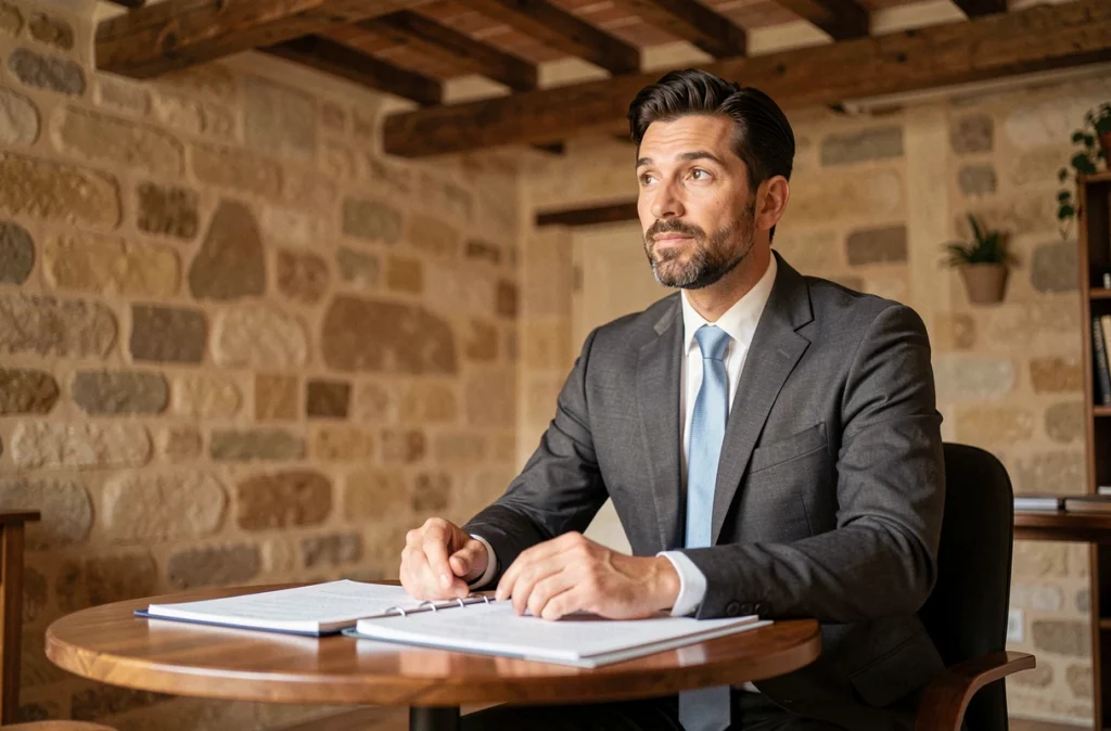 Maître Nicolas Pepin, avocat au barreau d'Aix-en-Provence, consultant des documents juridiques dans un bureau en pierre avec poutres en bois