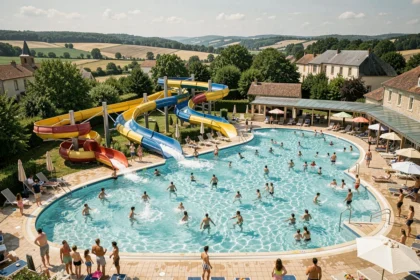 Vue panoramique d'un parc aquatique en Centre-Val de Loire avec toboggans colorés, bassins et familles profitant d'une journée estivale