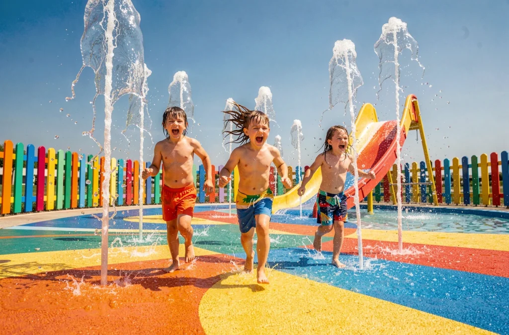 Le parc Aquaplouf avec ses jeux d'eau et toboggans pour enfants en plein air