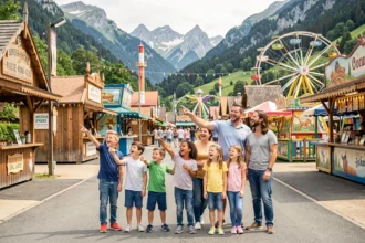 Famille profitant d'un parc de loisirs en Auvergne-Rhône-Alpes avec attractions colorées et montagnes en arrière-plan