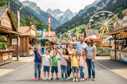 Famille profitant d'un parc de loisirs en Auvergne-Rhône-Alpes avec attractions colorées et montagnes en arrière-plan