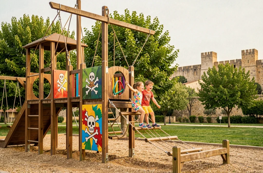 Enfants jouant sur une structure de jeu pirate à Piratland, parc de loisirs à Rochefort-du-Gard