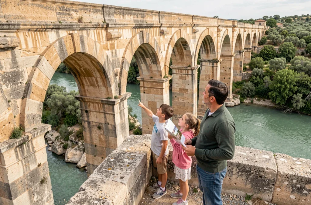 Famille découvrant le Pont du Gard lors d'une programmation culturelle et familiale au bord du Gardon