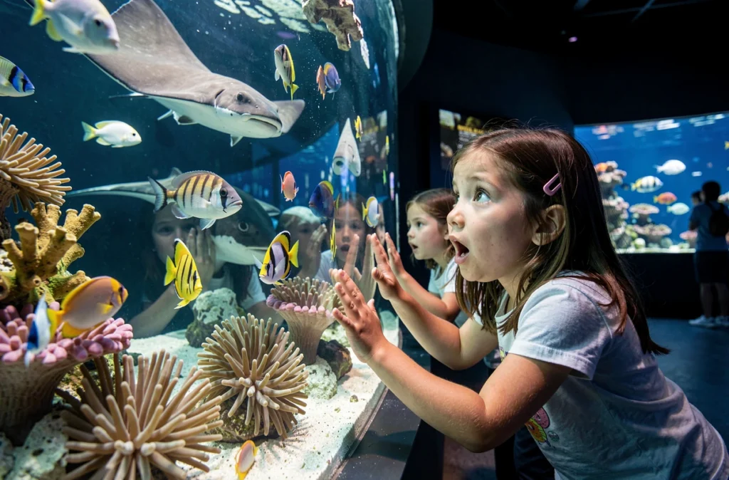 Enfant émerveillée devant le grand aquarium du Séaquarium au Grau-du-Roi avec poissons tropicaux et raies