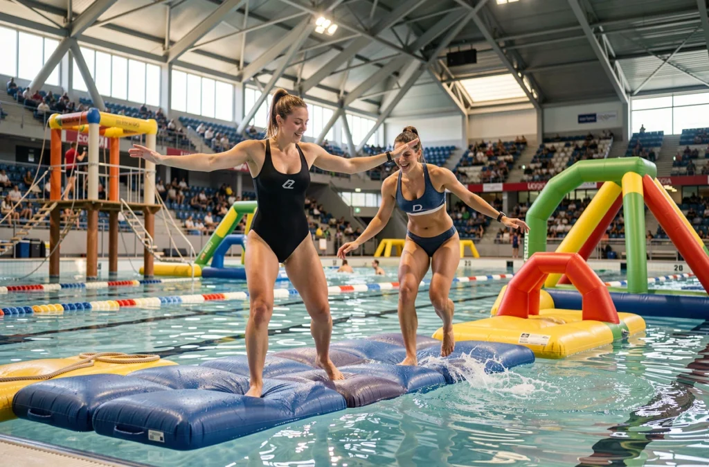 L'UCPA Aqua Stadium Agl'eau avec ses structures aquatiques sportives et son parcours flottant