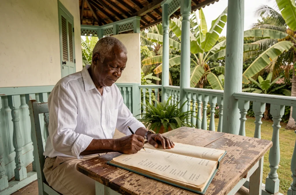 Vieil homme martiniquais inscrivant des prénoms créoles dans un registre sur une véranda coloniale