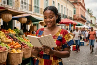 Femme martiniquaise en robe madras tenant un carnet de prénoms créoles au marché de Fort-de-France